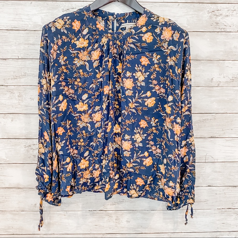 AE Blue Floral Button Back Peasant Top